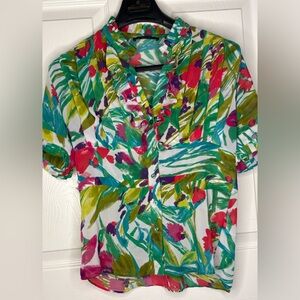 Belissimo Button down Floral Ruffle Pleat Front Green White Boho Blouse Shirt